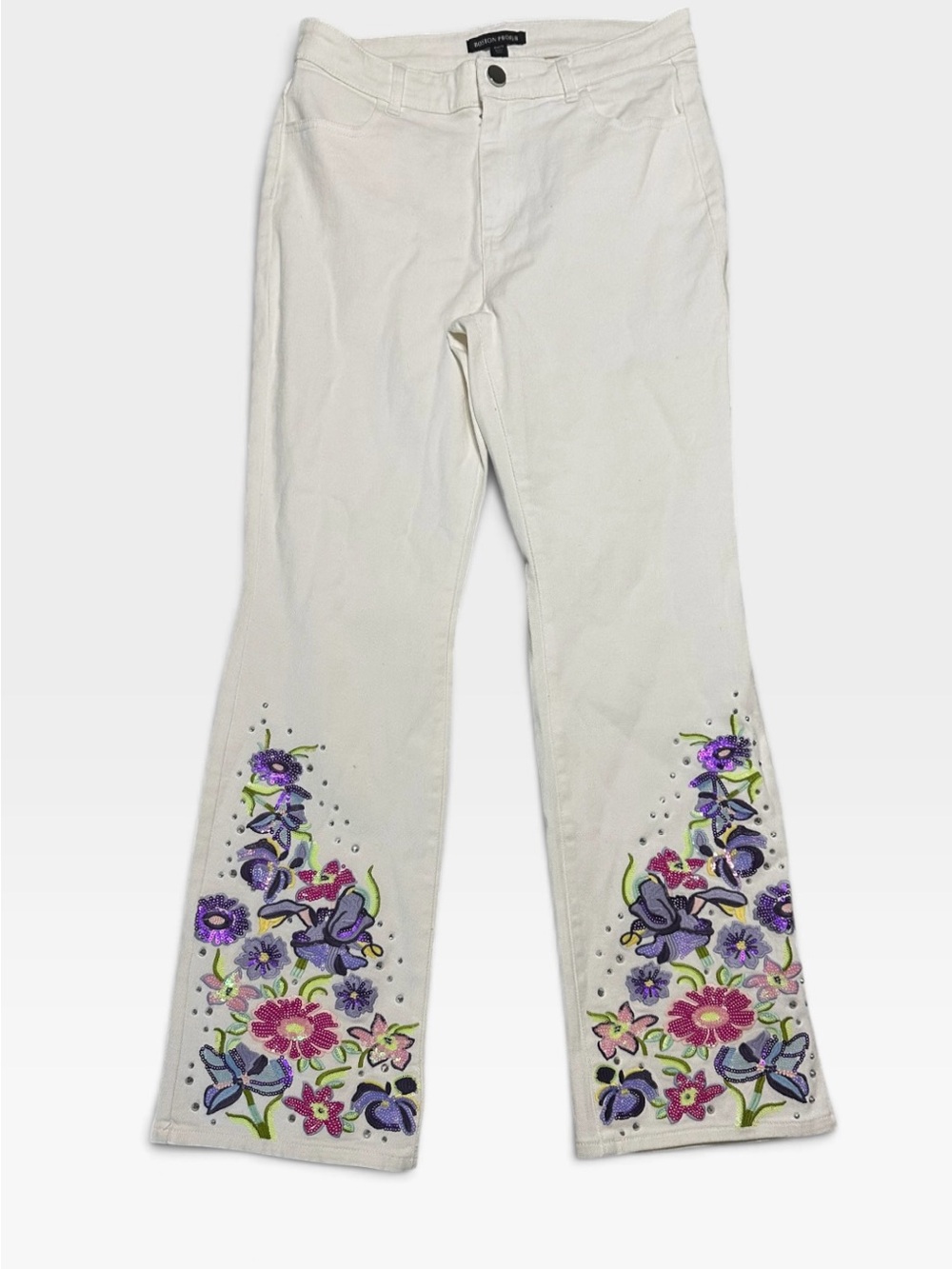 Boston Proper White Flare Jeans with Purple & Pink Floral Embroidery